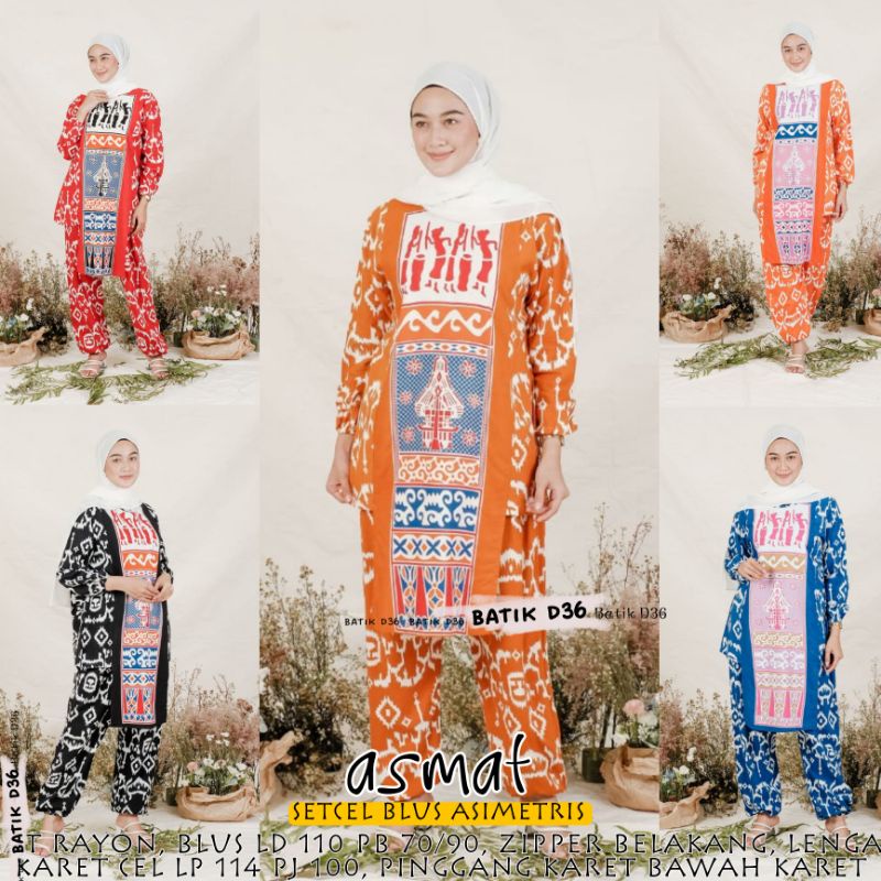 Setcel Bahan rayon asmat baju setelan blus lengan panjang asimetris celana karet ukuran besar motif  baju one set wanita remaja ibu piyama pajamas cewek motif tenun antik unik tradisional dayak etnik pastel cantik modis kekinian terbaru