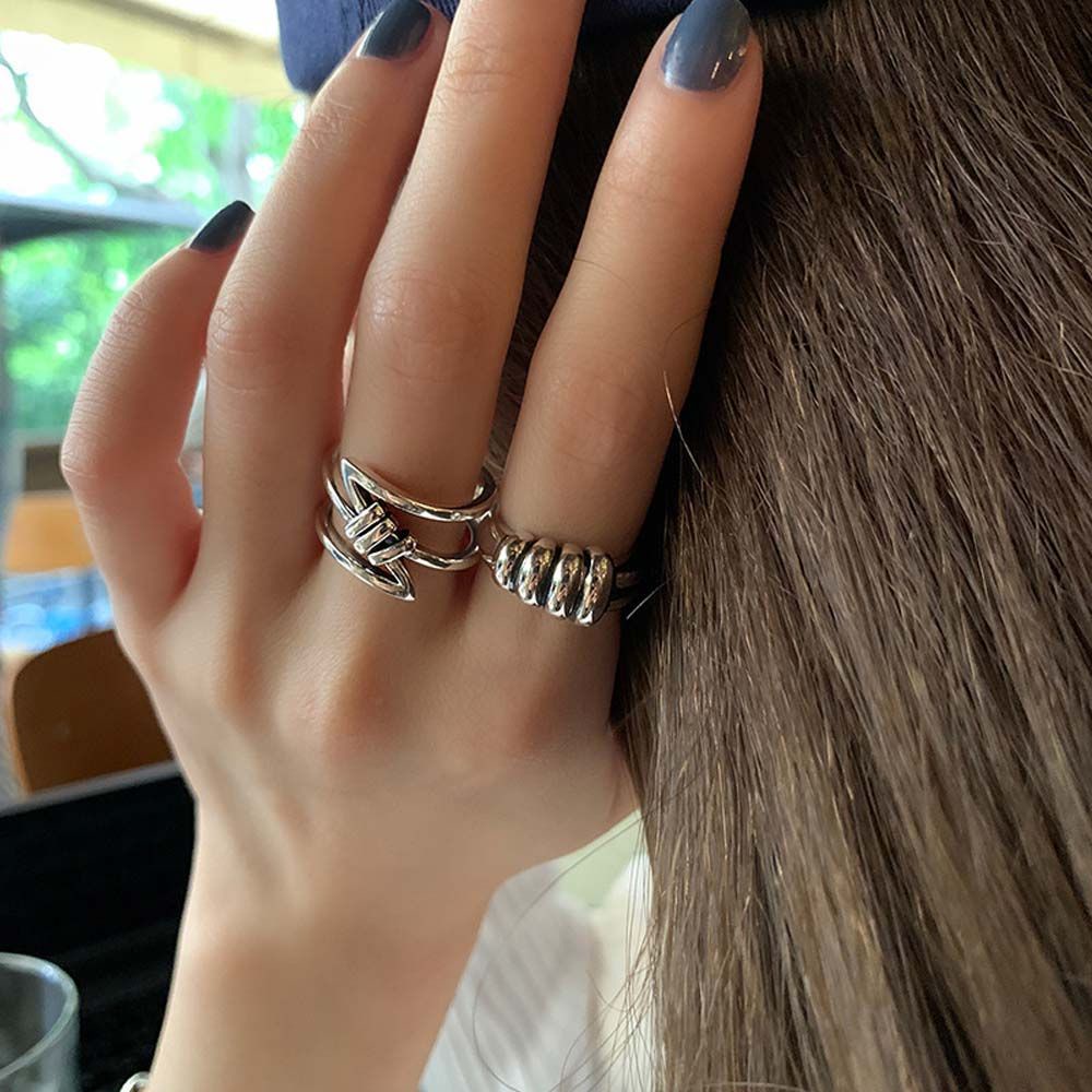 Cincin Jari Model Terbuka Dapat Disesuaikan Bahan Tembaga Lapis Perak Gaya Punk Vintage Untuk Wanita