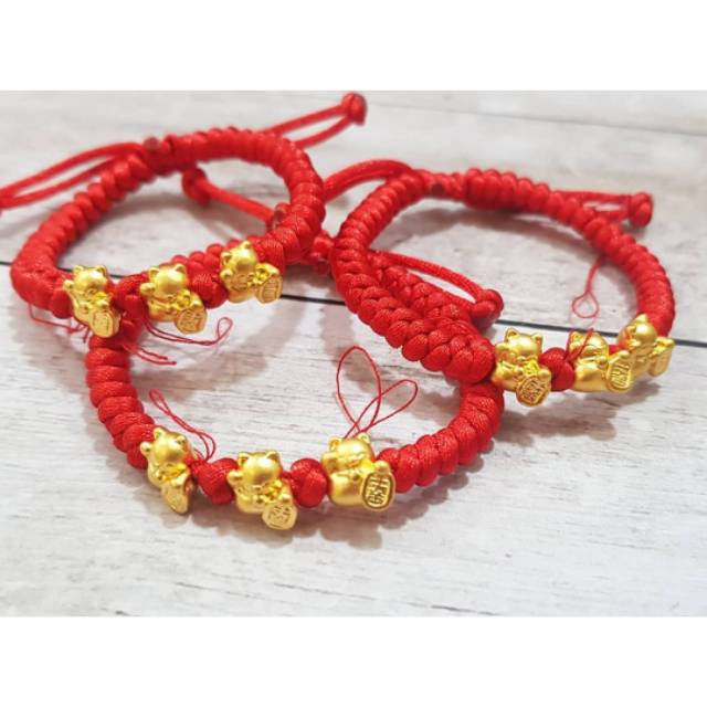 Gelang tali ulir adjustable emas hongkong HK tali china merah fengshui kucing  manekineko