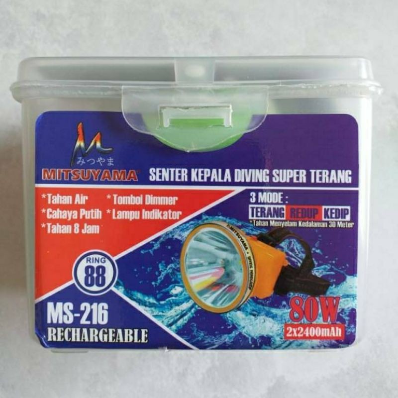 Senter Kepala Selam/Mitsuyama Ms-216 80 watt/Senter Kepala Diving/Headlamp Selam Cahaya Led Putih