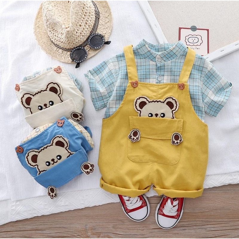 Set Overall Baju kemeja bayi jumpsuit Teddy bear beruang import lucu