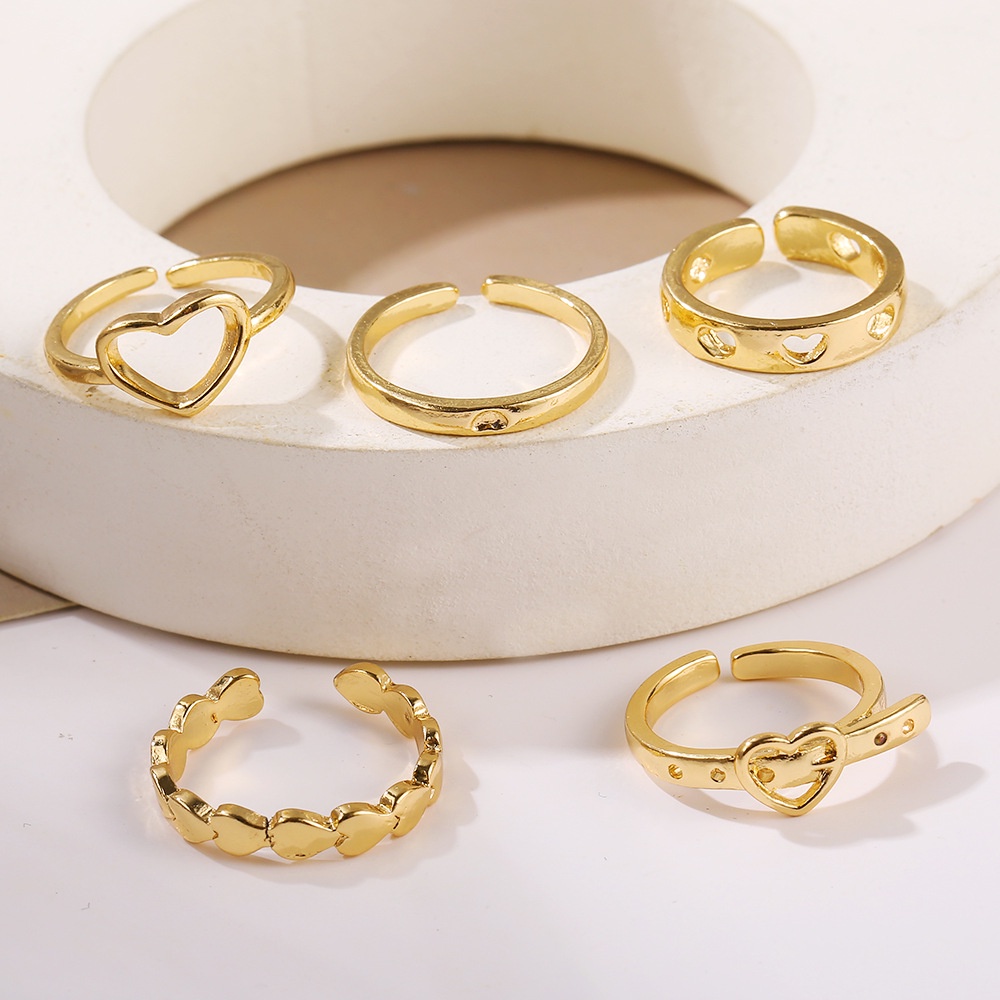 5pcs / Set Cincin Model Terbuka Desain Hati Hollow Gaya Simple / Retro Untuk Wanita