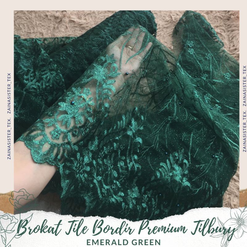 Kain Bahan Kebaya Brokat Tile Tule Mutiara Bordir Premium Tilbury Warna Emerald Green