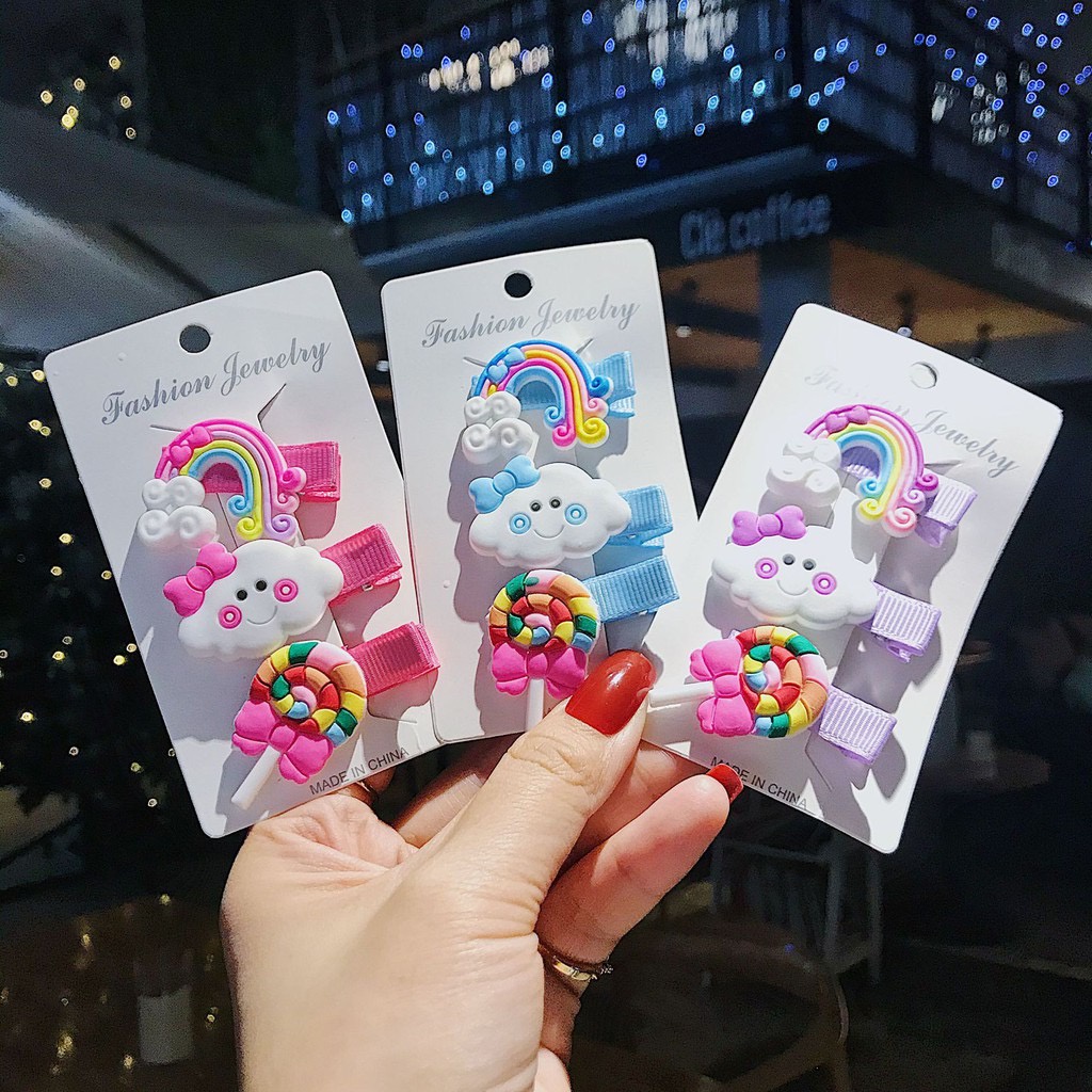 WJ394 Jepitan Rambut 1 Set Isi 3pcs Hair Clip Rainbow Lollipop / Aksesoris Rambut Pelangi Anak