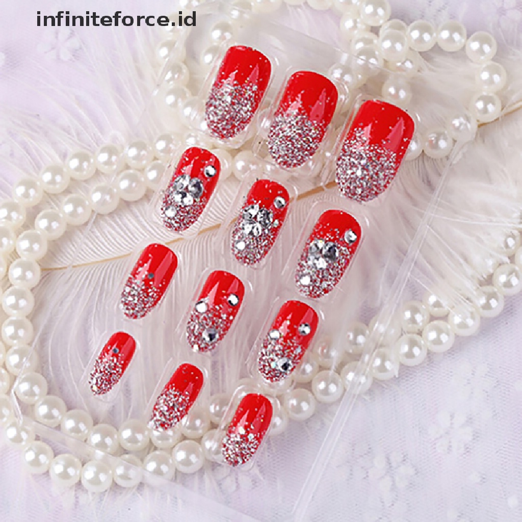 Infiniteforce.id 24Pcs / Set Kuku Palsu Akrilik UV Gel Warna Merah Untuk Nail Art