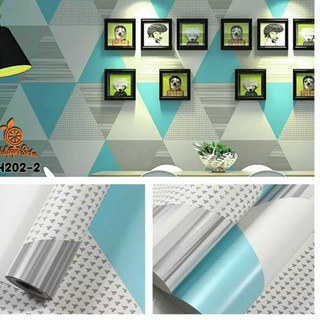 Wallpaper Dinding Motif Segitiga Biru Tosca Ukuran 10 Meter x 45 CM