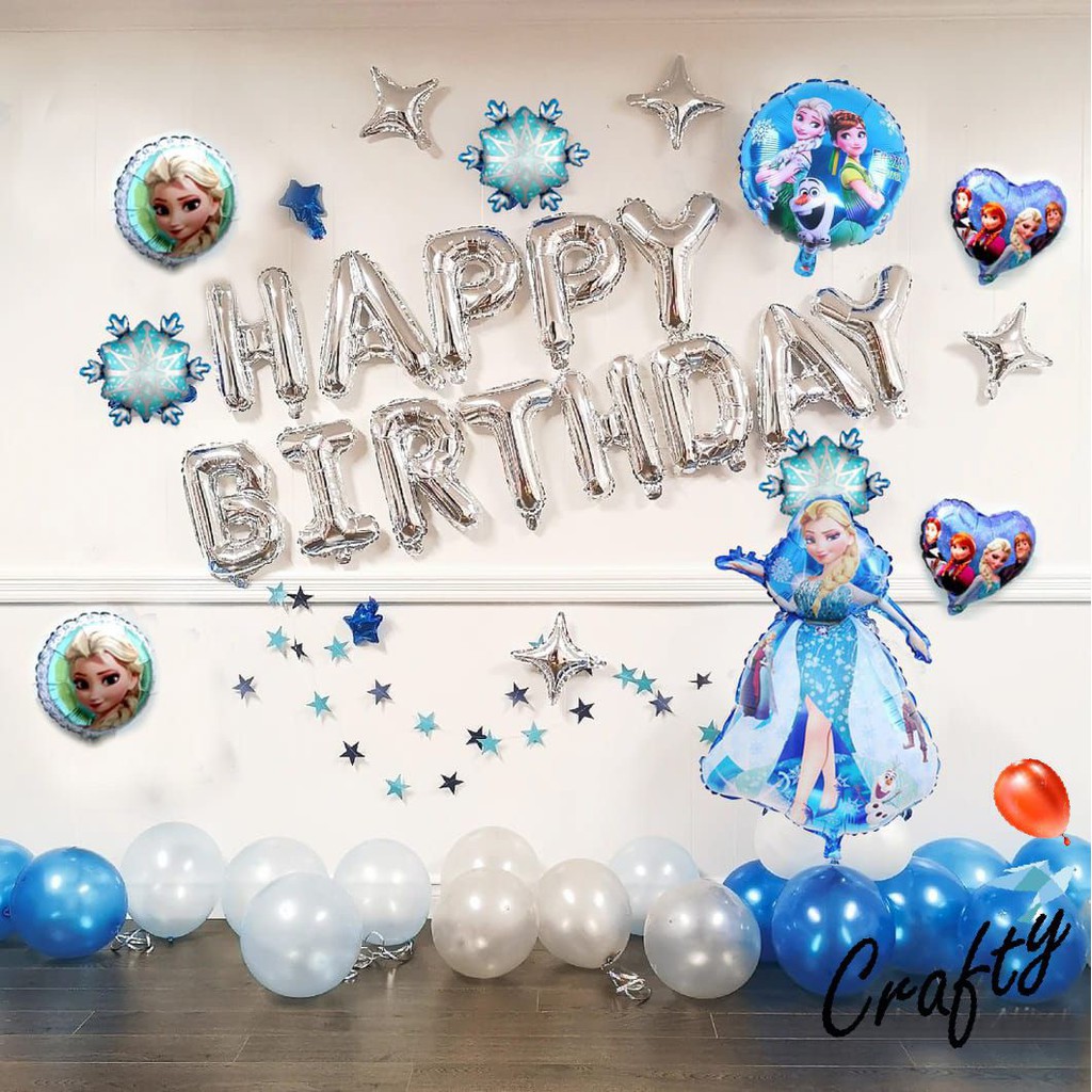 [PAKET] Kids BIRTHDAY Set FROZEN SILVER Tiruan Dekorasi Backdrop Ulangtahun Anak