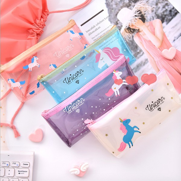 

EDW KP11 Tempat Pensil Model Unicorn Transparan Kartun Lucu Pencil Case Organizer Pouch Bag