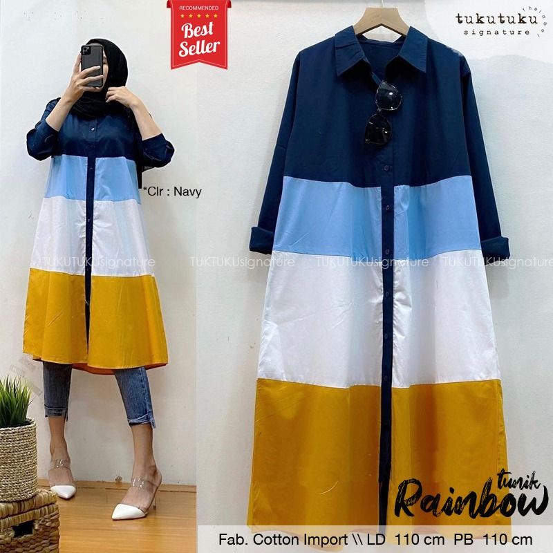 Rainbow Long Tunik Katun Import Susun Rempel Ld 110 Jumbo Fit XXL Busui Kancing Aktif By Tukutuku