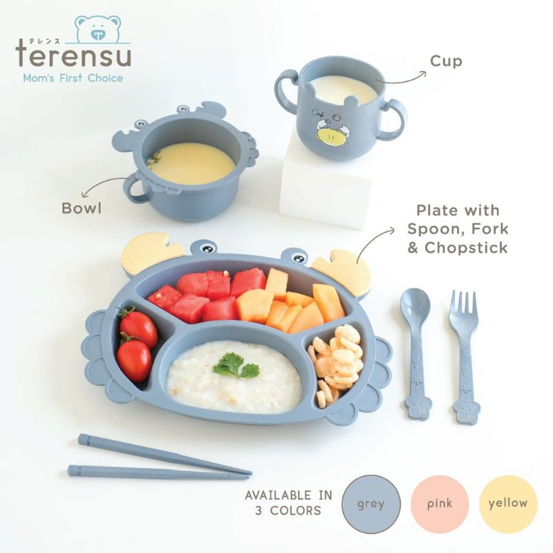 Piring Makan Anak + Sendok Garpu Sumpit Motif Pinguin Kepiting Ikan Set Terensu