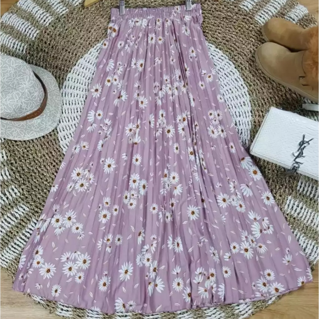 ROK PLISKET DAILY FLOWERS PREMIUM // ROK PLISKET PREMIUM MOTIF BUNGA // BAHAN HYGET PREMIUM-abu new daisy