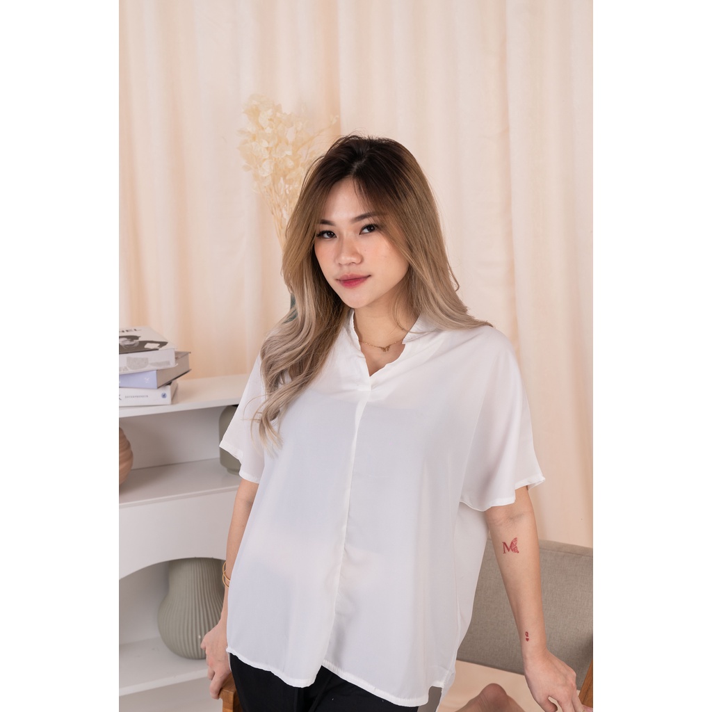 (COD) OH Fashion Hedy Vneck Oversized Shirt Polos Premium Wanita#2200