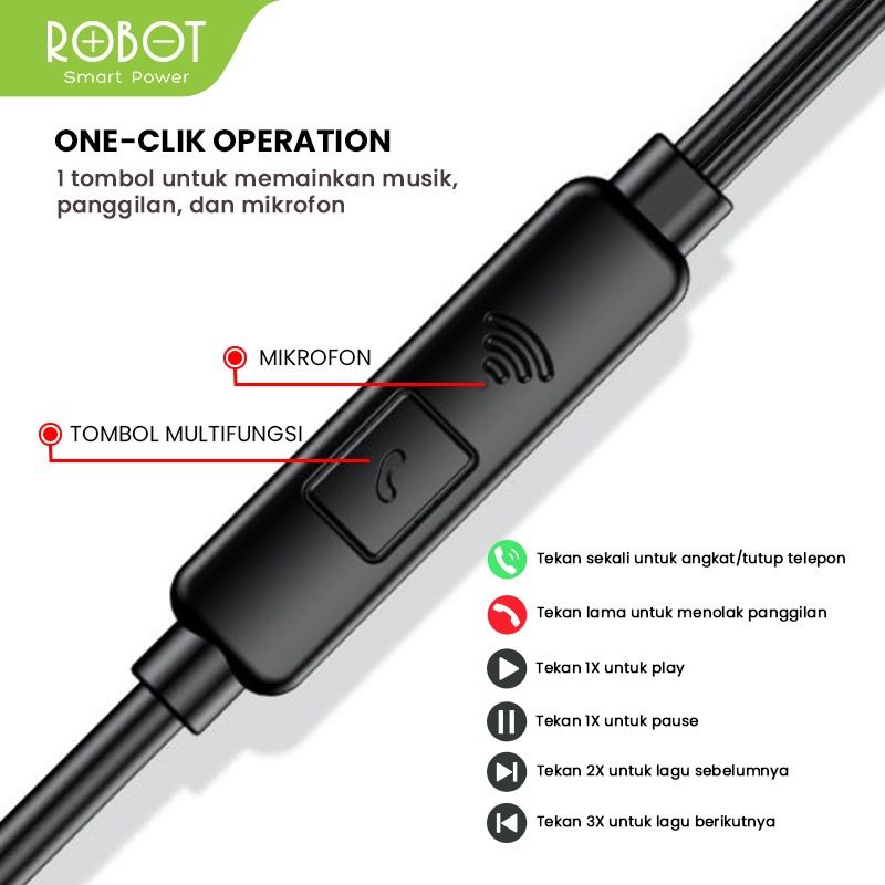 Headset Bass Robot RE801 Wired Earphone Compatible For All Phone Original - Garansi 1 Tahun