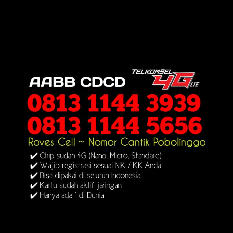 NOMOR CANTIK TELKOMSEL 4G LTE SERI AABB CDCD 1144 3939 5656