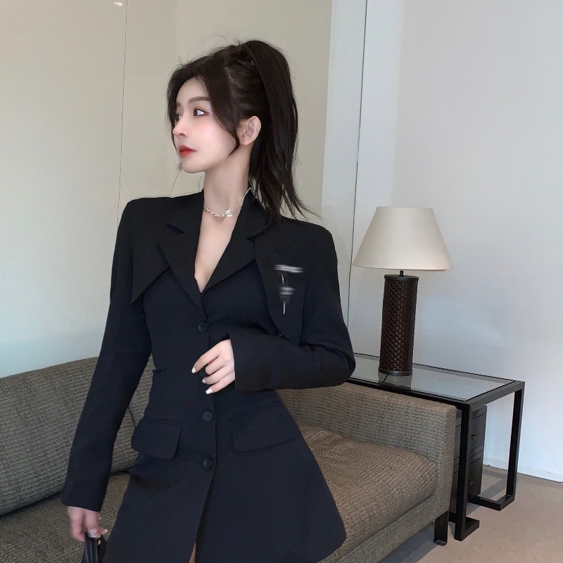 Red Autumn New Women's Dress Short Suit Top Coat + A-line Kalung Rok Pendek Set Dua Potongan