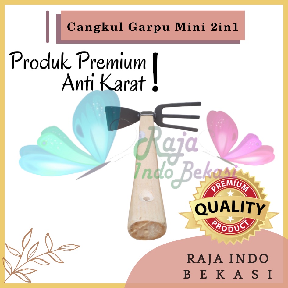 Cangkul Garpu Mini 2in1 Multifungsi Gagang Kayu Anti Karat