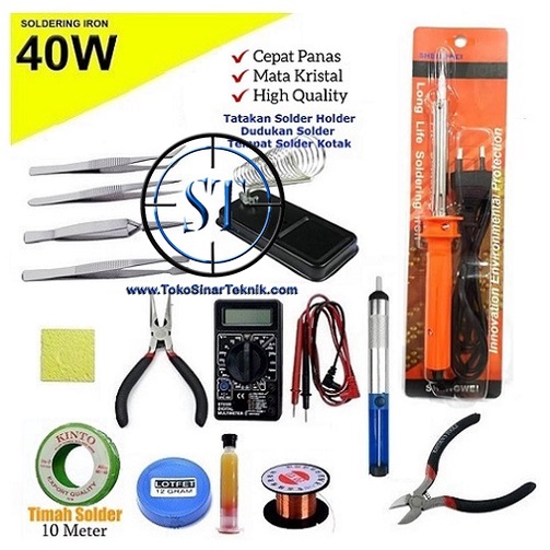 Peralatan Paket Solder 40W Mata Runcing Kristal 12 Pcs 1 Set Soldering Iron Tools Set 40 Watt Siap Pakai