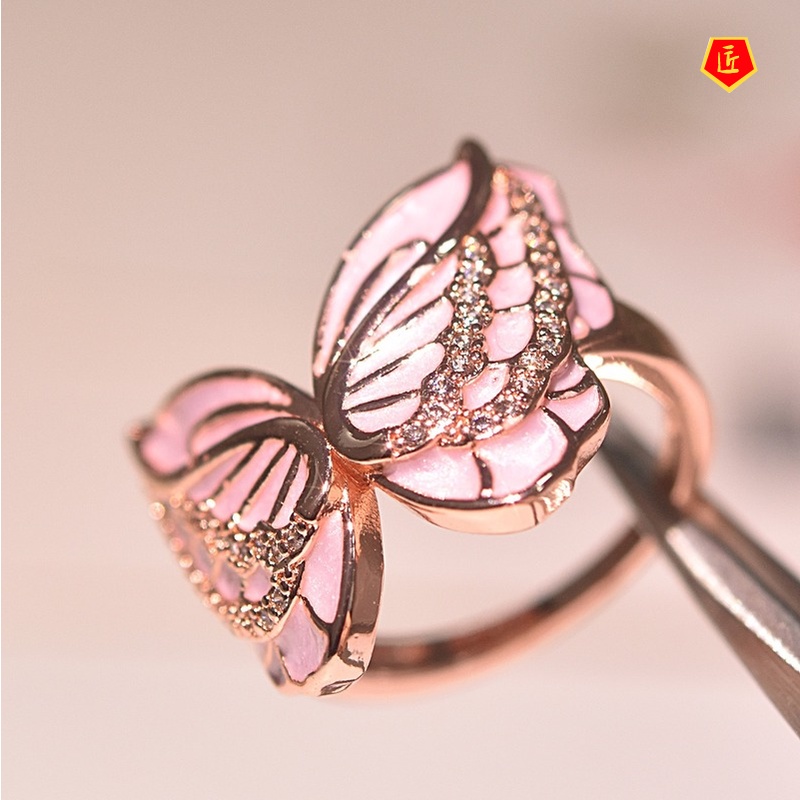 [Ready Stock]Diamond Pink Butterfly Ring 18K Rose Gold Simple Sweet