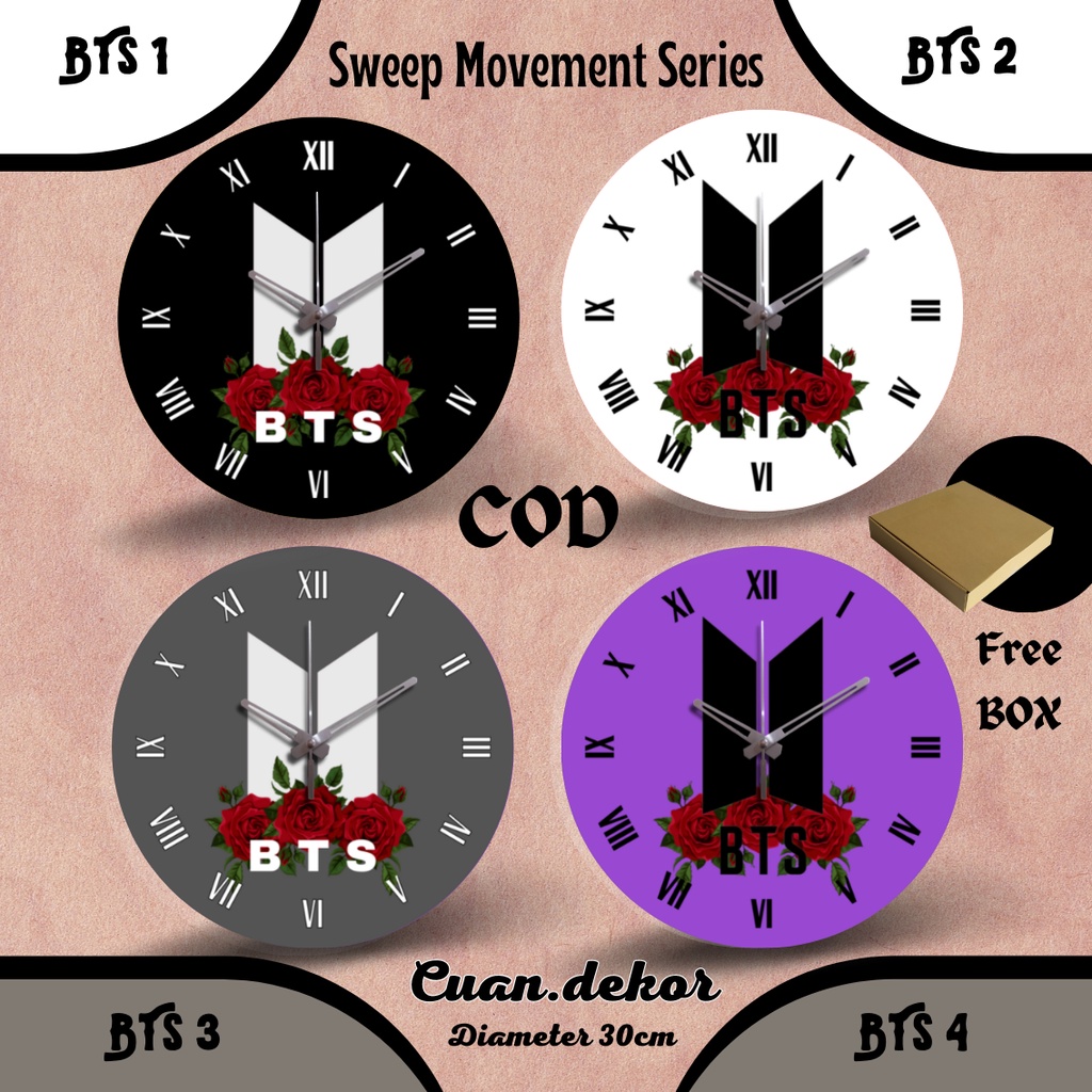 JAM DINDING KAYU MINIMALIS LOGO BTS ARMY AESTHETIC TEMA BUNGA MAWAR