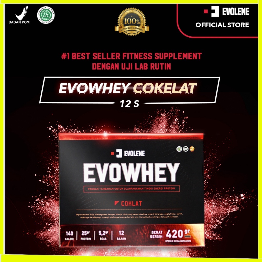 Whey Protein Coklat 456gr/12 Sachet - Suplemen fitness pembentuk Otot - Defisit kalori - Susu Protein - Suplemen Fitness - Minuman Protein - Suplemen Workout Evolene Evoline Evolen