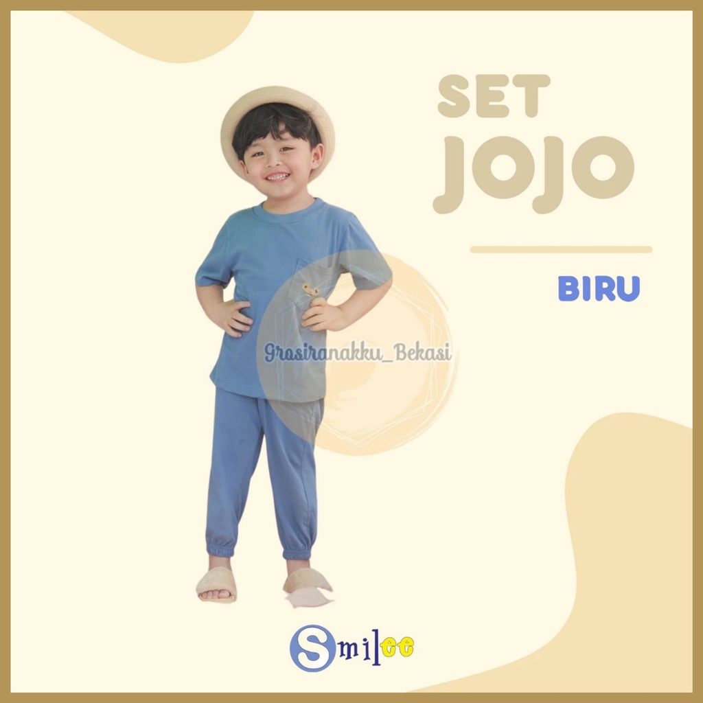 Setelan Anak Unisex Smilee Jojo  Warna Biru Size 1-5Tahun