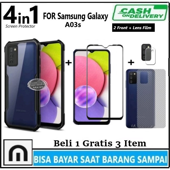 PROMO Paket 4in1 Case Samsung Galaxy A02s A03s M02s Casing Transparan + Anti Gores Kaca Full Layar + Anti Gores Kamera + Skin Carbon Soft Case Armor Shockproof Fusion Bumper Pelindung Belakang Full Cover