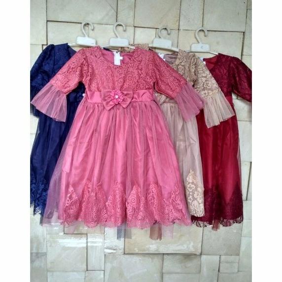 Gaun Anak Brokat + Tile Baju Pesta Anak Perempuan Dress Anak Baju Musl Termurah