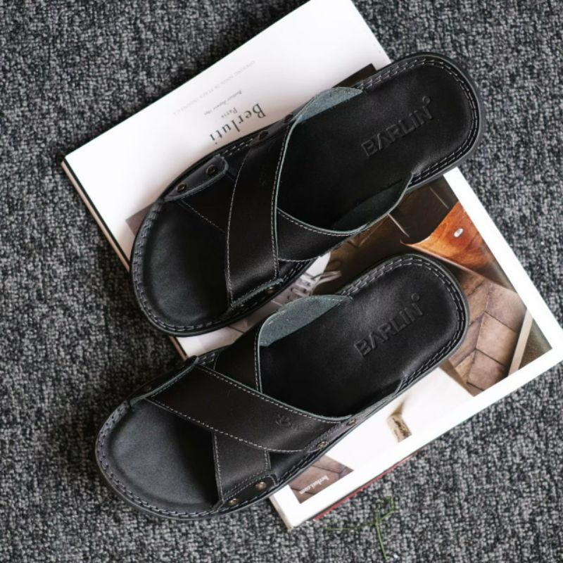 BRLN 003 Black Sandal Pria Casual Kulit Asli Terbaru Sendal Slide Selop Santai Harian Warna Hitam