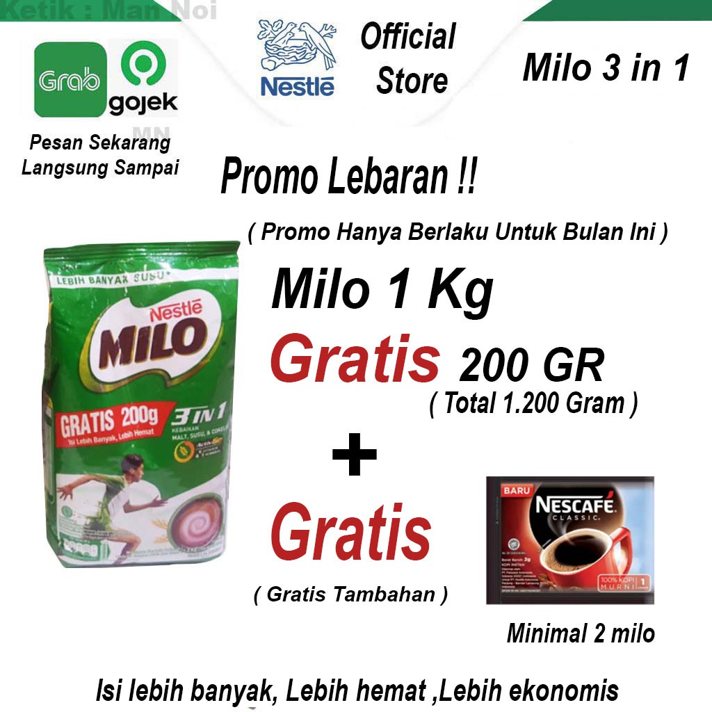 

SUSU MILO 3 IN 1 Uk.1 KG.FREE Bonus Di Setiap Pembelian.Man Noi.Tangerang.