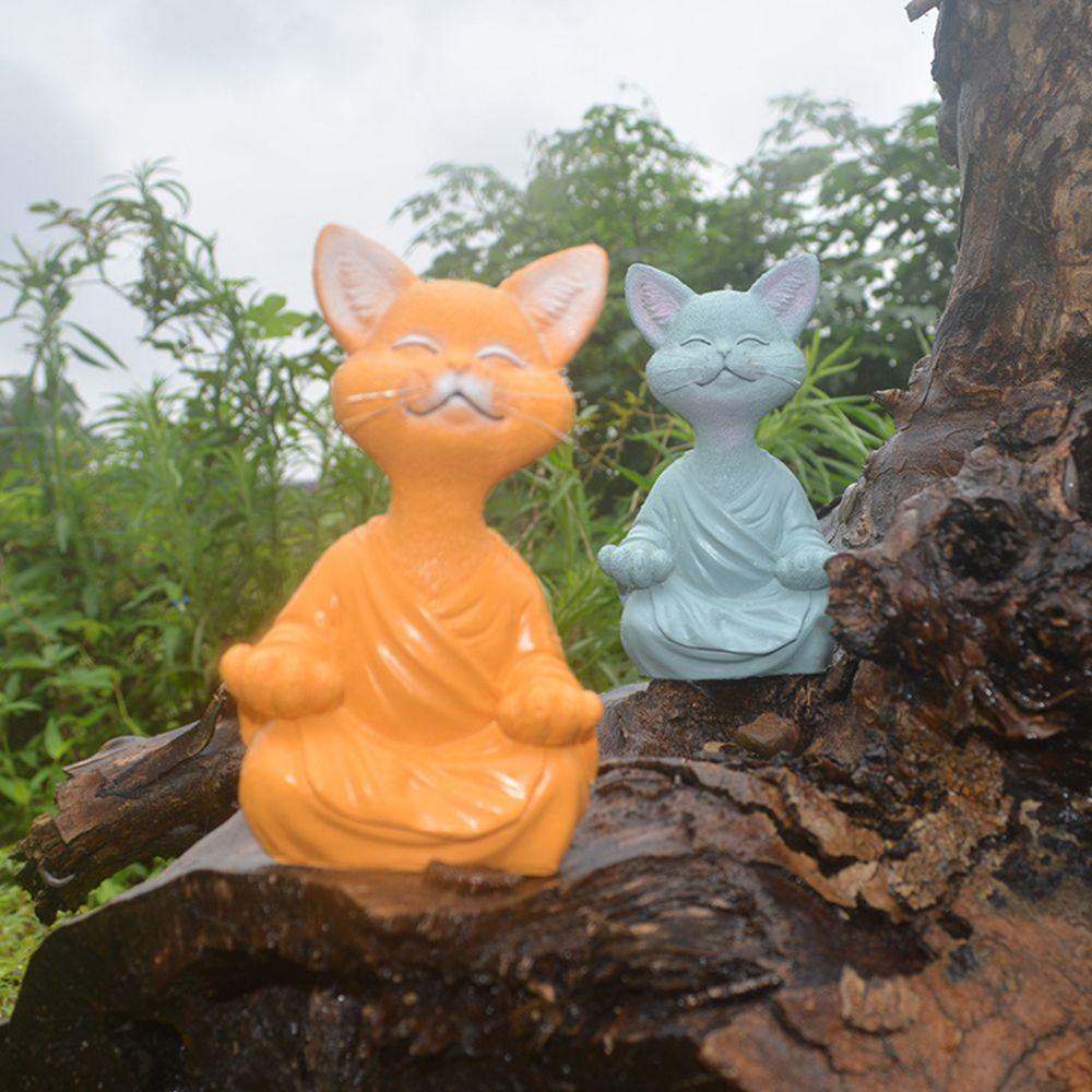 R-FLOWER Patung Kucing Meditasi Dekorasi Kreatif Kerajinan Ornamen Lanskap Mikro