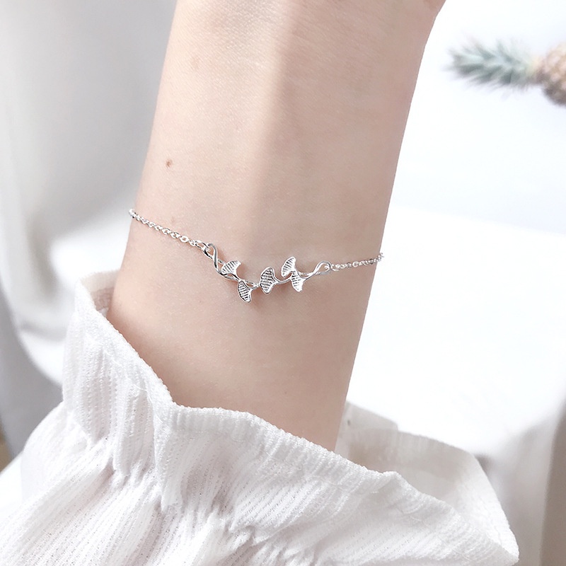 Perhiasan Gelang S925 Silver Dengan Liontin Daun Ginkgo Untuk Wanita