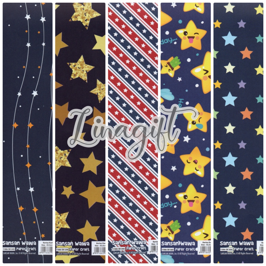 (  5 Lembar ) STARS SANWA - KERTAS KADO - GIFT WRAP PAPER SANSAN WAWA STARS BINTANG STAR VINTAGE UNIVERSAL ELEGANT TWINKLE LITTLE STARS BABY