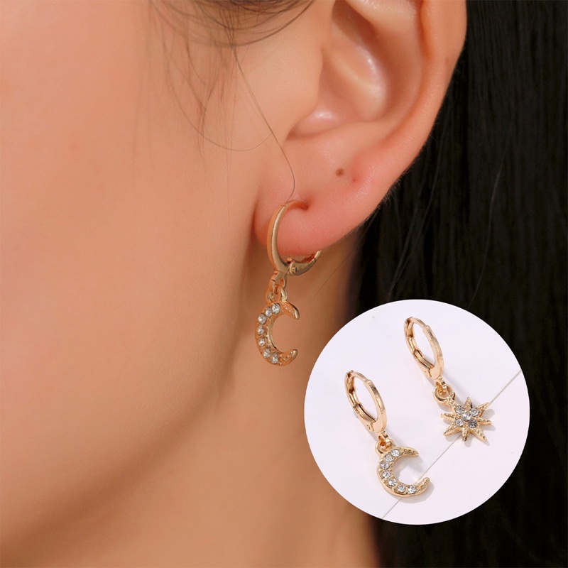 Anting Juntai Bentuk Bulan Bintang Asimetris Geometris Gaya Korea Klasik Untuk Wanita
