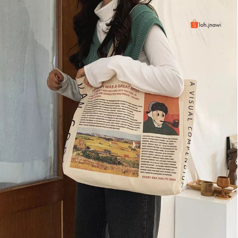 Korean Totebag Canvas Resleting Dan Saku Van Gogh Style Aesthetic Tebal Premium