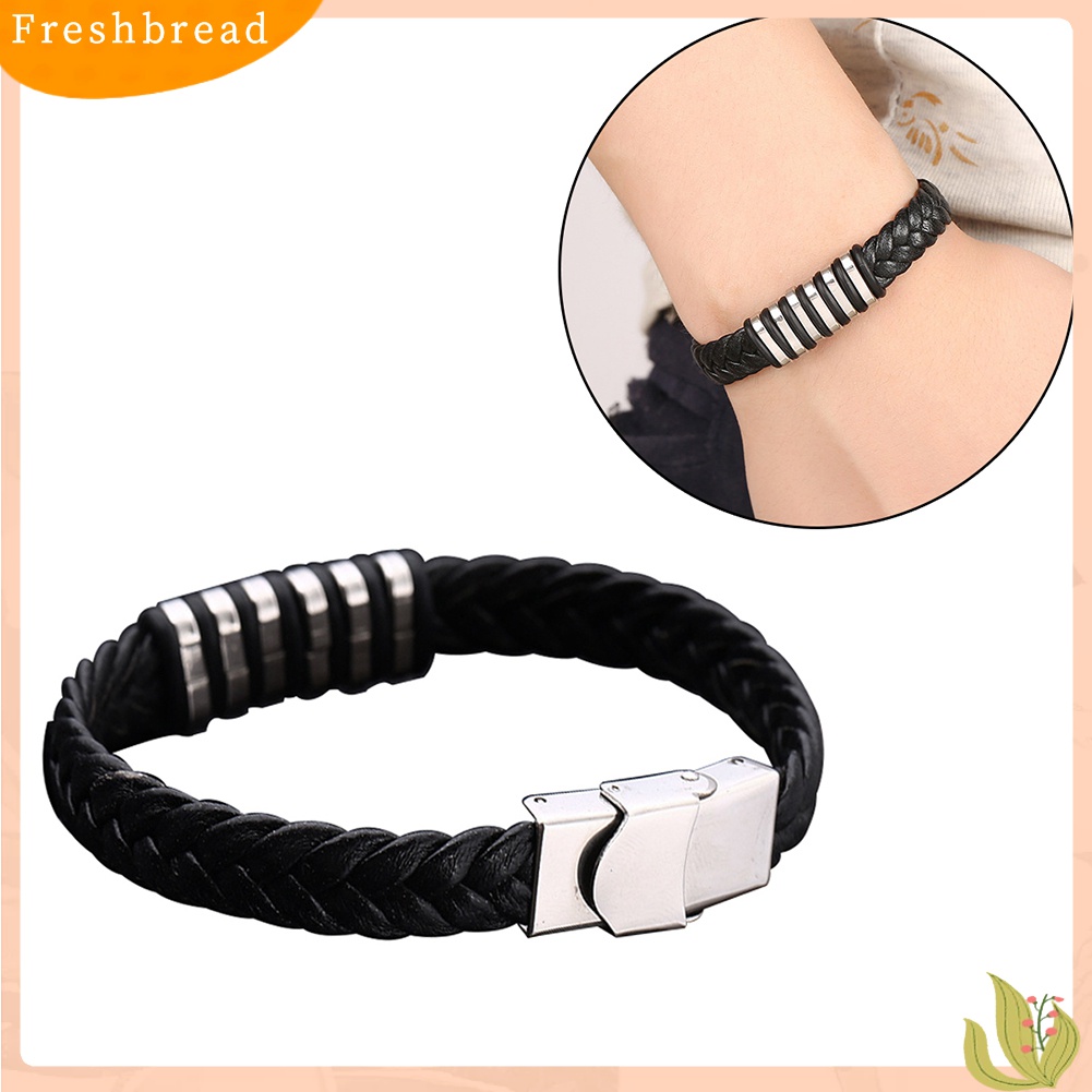 [TERLARIS]Braided Faux Leather Wristband Titanium Steel Men Bracelet Punk Bangle Jewelry