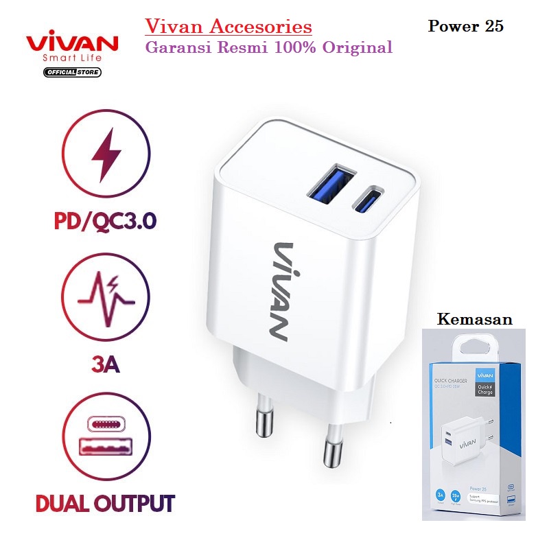 VIVAN Charger Power 25 3A PD / QC3.0 Dual Port with Super Durability