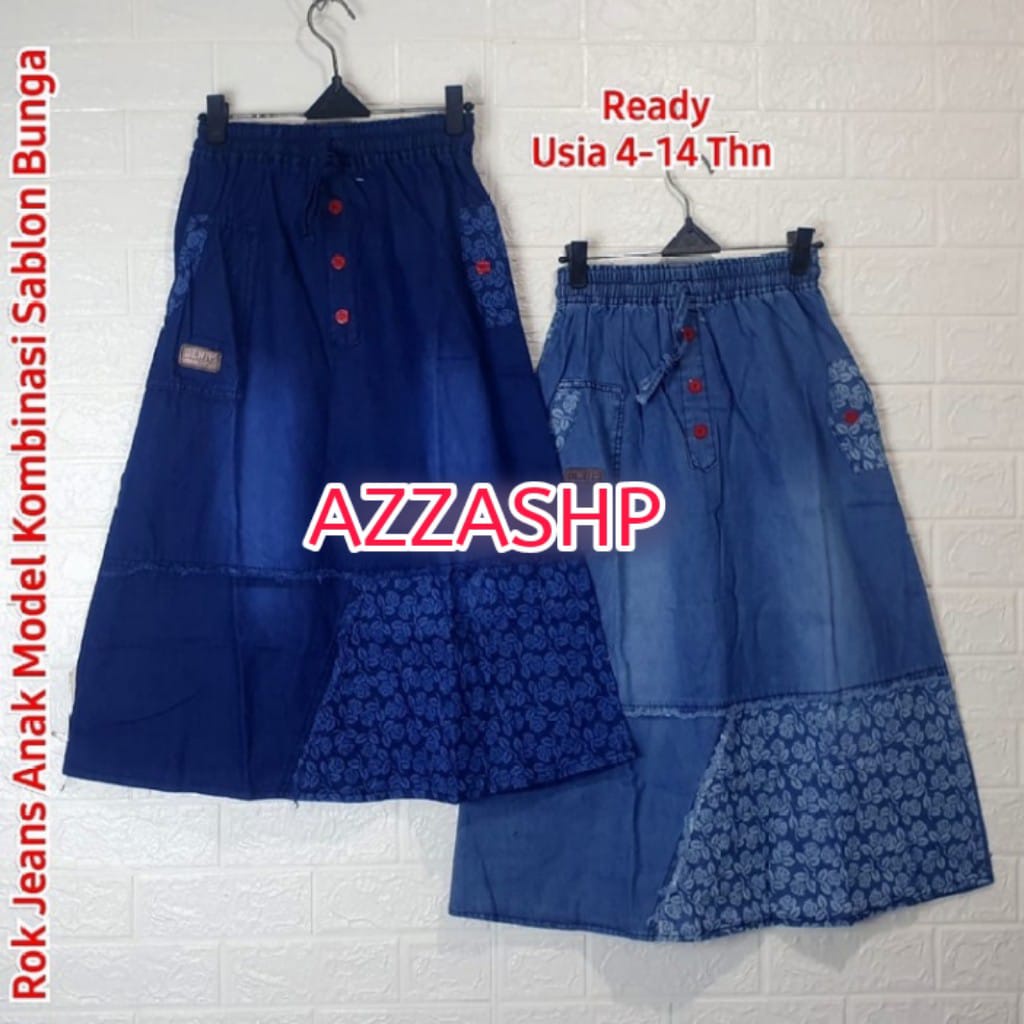 Rok Jeans Anak Kombinasi Sablon Bunga Usia 4-14 Tahun / Rok Jeans Anak Premium