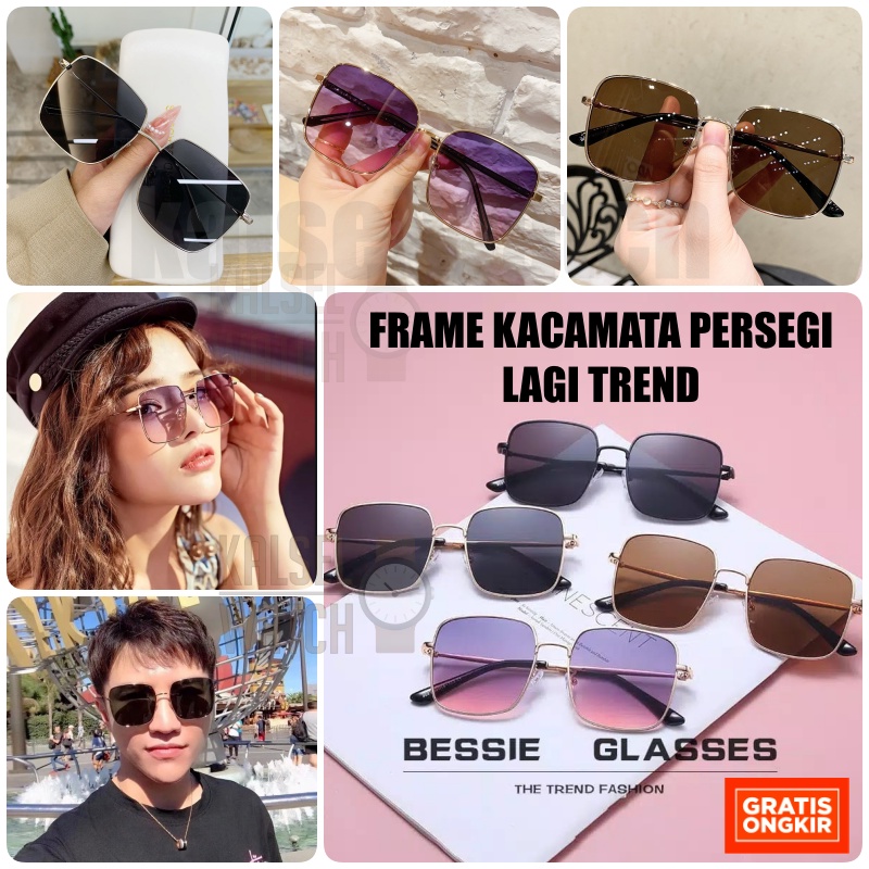 Kacamata Frame Ukuran Besar Wanita Pria Lagi Viral Trend Kaca Mata Persegi Fashion Retro Vintage Segiempat Metal Sunglasses Anti Silau Sinar Matahari Antiradiasi Hitam Warna Kotak Persegi KCH6