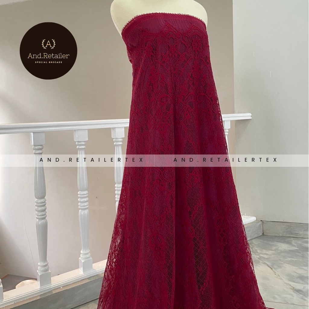 Bahan Kebaya Brokat Semi France Lace Chantily Shantily Katun Per panel 2,5m Warna Merah Maroon