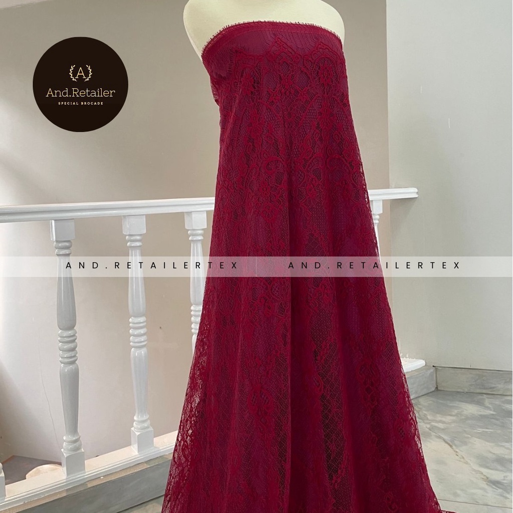 Bahan Kebaya Brokat Semi France Lace Chantily Shantily Katun Per panel 2,5m Warna Merah Maroon