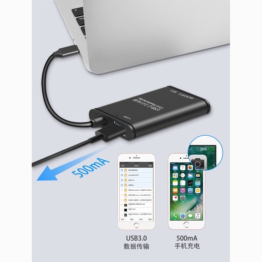 Card Reader USB Type C 3 in 1 USB 3.0 Hub Micro SD / SD Card - YC-500 - Black