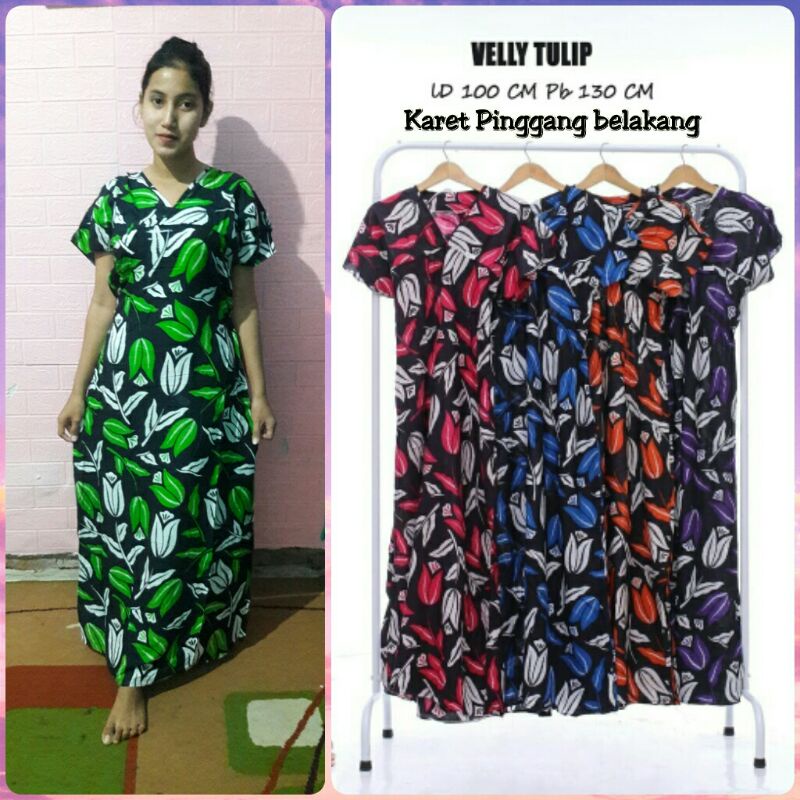 Daster Velly Tulip, Daster Velly Shabby, Daster Cantik, Daster panjang se-mata kaki, Daster kerut pi