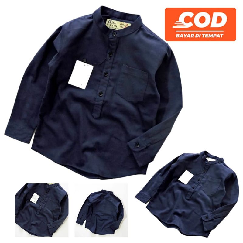 Kemeja Koko Lengan Panjang Anak Laki Laki Bahan Twill Strech Warna Navy Premium Baju Lebaran Anak Cowok Keren