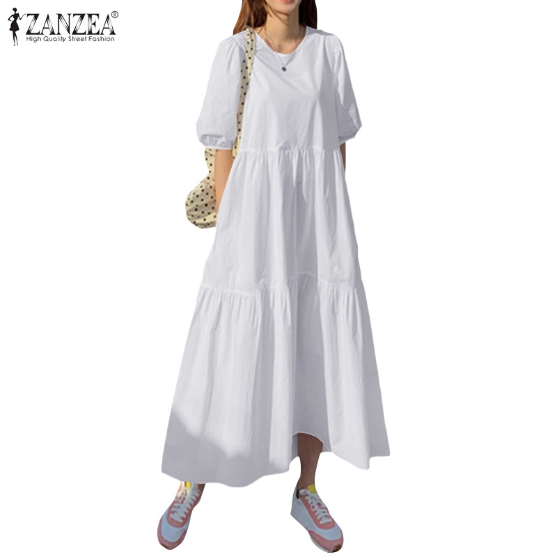 ZANZEA Women Loose Solid Color Puff Sleeve Swing Long Dress