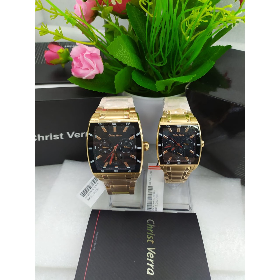 JAM TANGAN COUPLE CHRIST VERRA CV913197G-18 BLK/ BLACK ROSEGOLD ORIGINAL