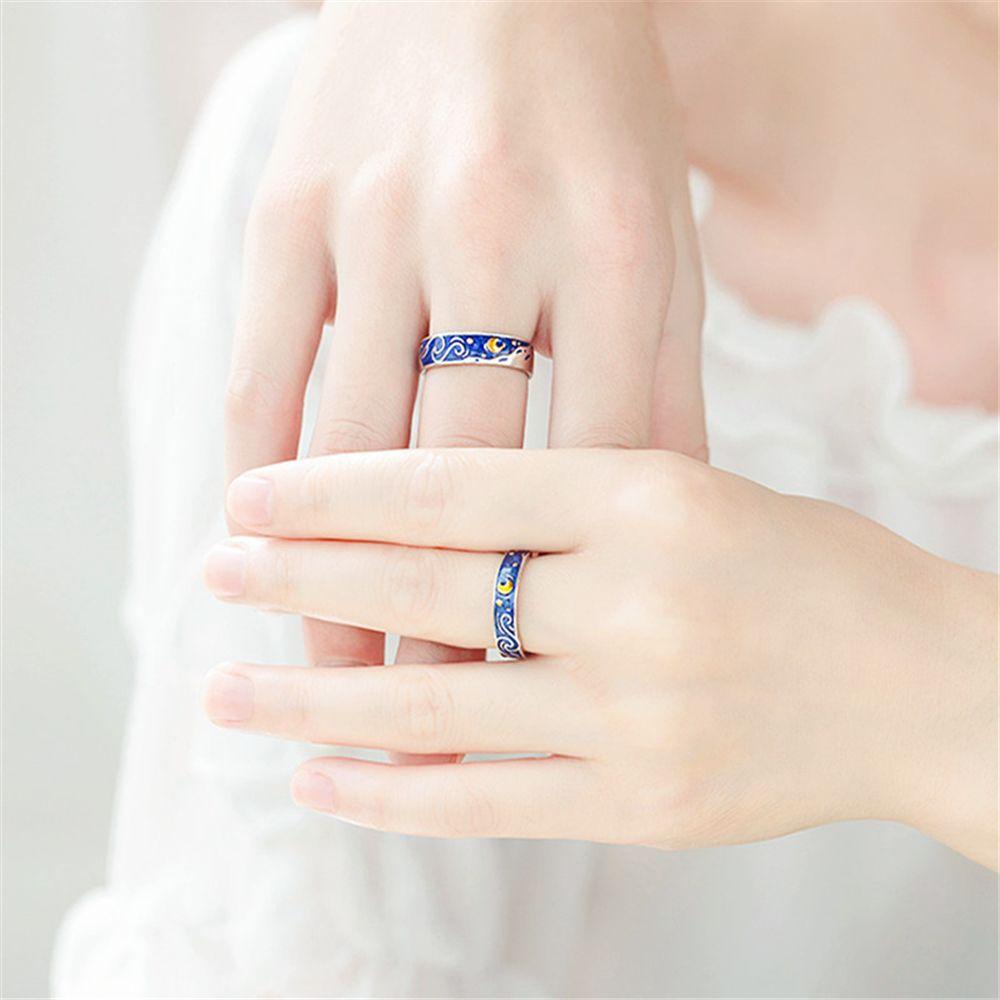 PREVA Couple Rings Valentine's Day Present Jewelry Blue Silver Plate Weddings Romantic Starry Sky