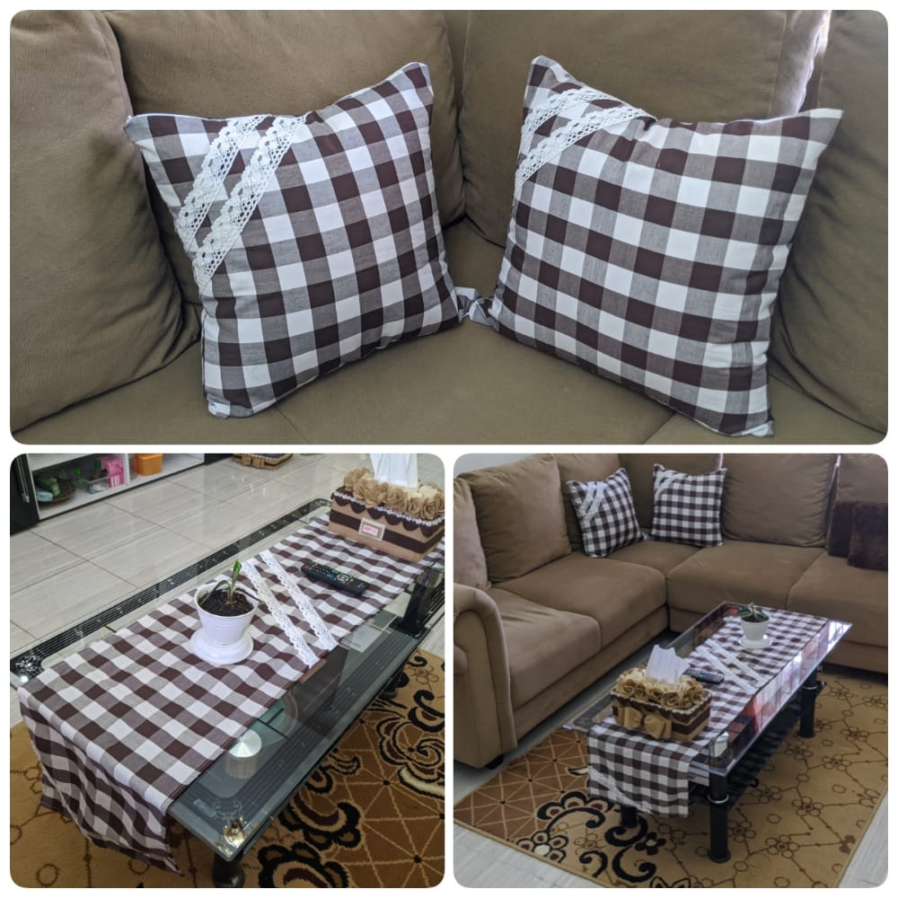 Paket 2 Sarung Bantal Sofa RENDA NYAMPING/Kursi Sopa uk 40x40 cm Taplak Meja uk 30x150 cm Estetik Motif Kotak dari Ismi Store