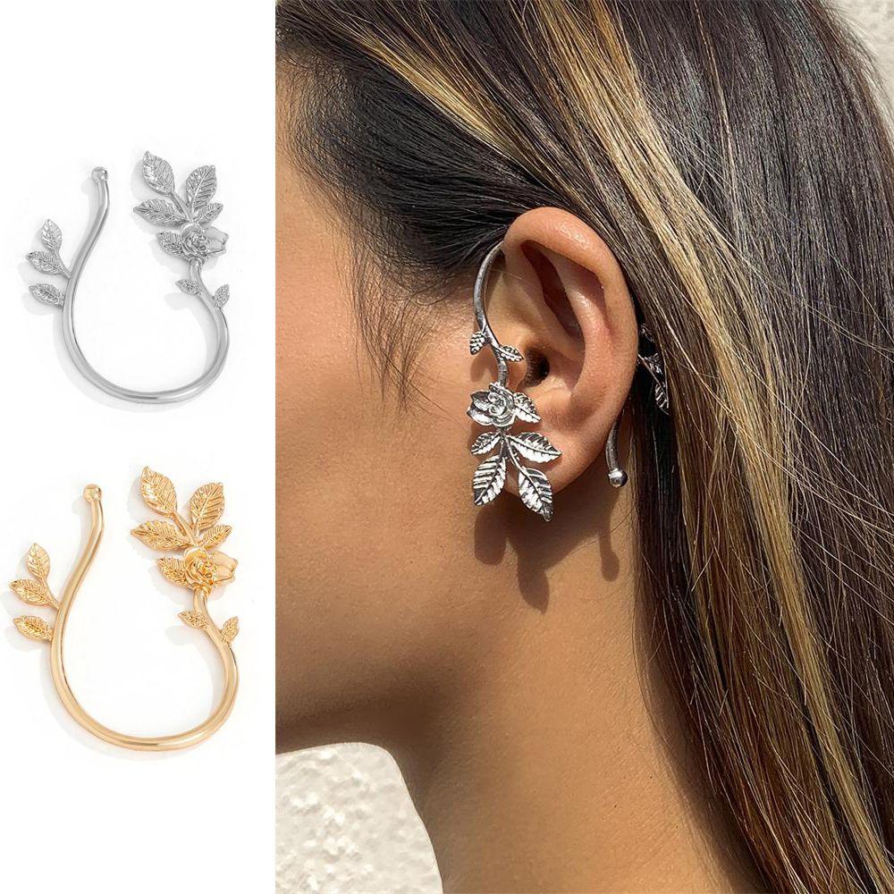 Solighter Manset Telinga Daun Bunga Untuk Wanita Pria Warna Emas Gaya Vintage Cartilage Ear Stud