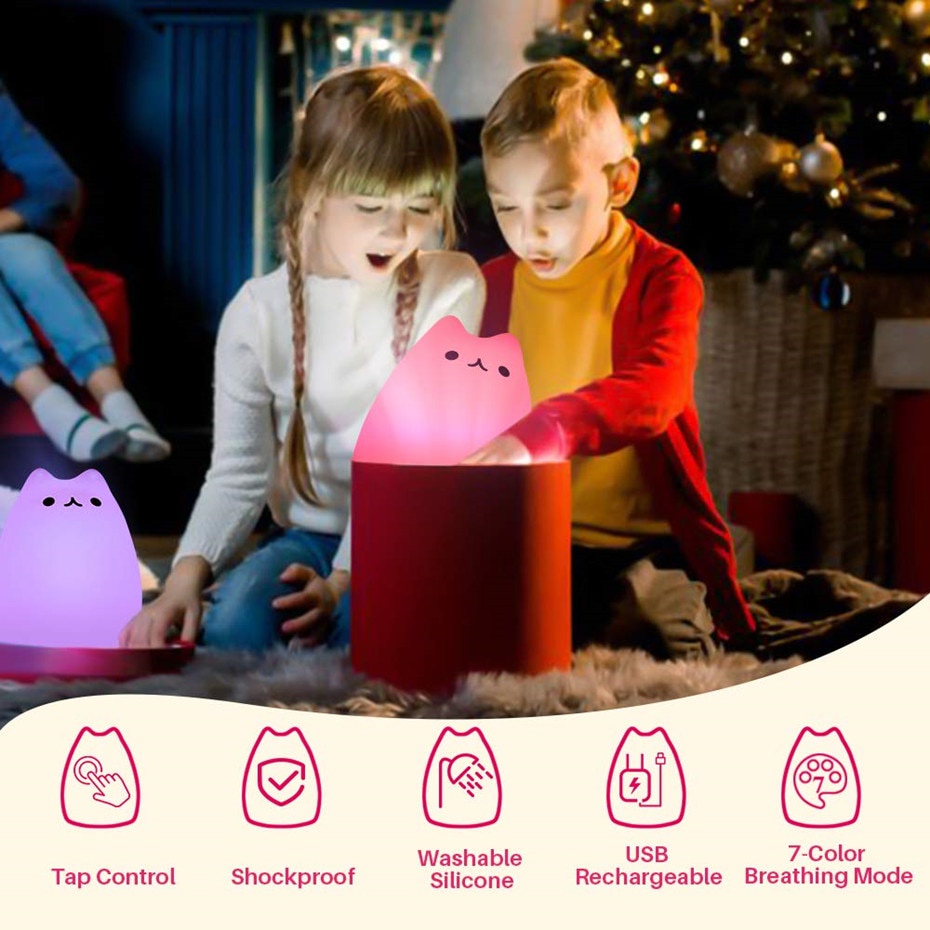 lampu tidur bayi lampu tidur anak kamar bayi boneka lucu karakter kartun cartoon aman digigit bayi Lampu 7 Warna Model Kucing Lucu - LJC-101 Cute Silicone LED Night Light For Baby Kids Children Bedroom Touch Sensor Remote Cat Lamp Decoration Room Decor