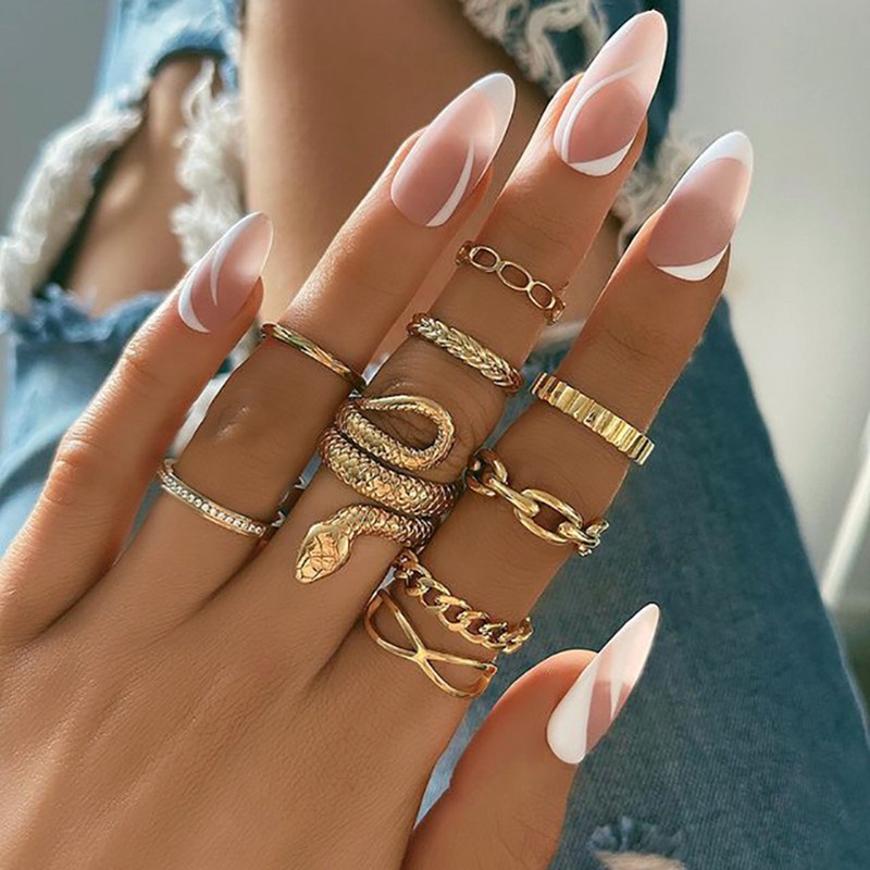 Fancyqube 1 Set Cincin Jari Bentuk Ular Geometris Warna Emas Hitam Bahan Logam Gaya Punk Untuk Wanita